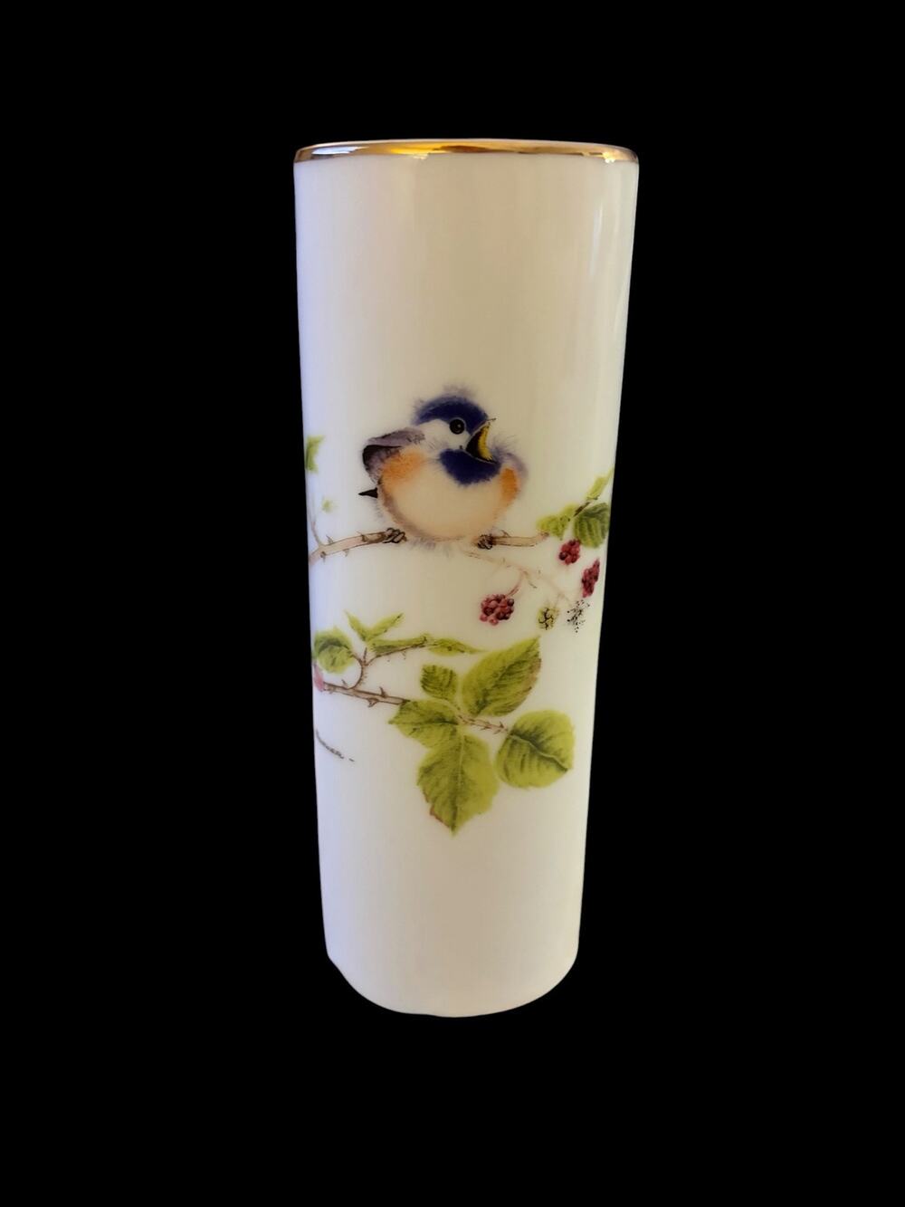 Vintage Otagiri Japan Porcelain Bud Vase Chickadee Bird Raspberry V Pfeiffer